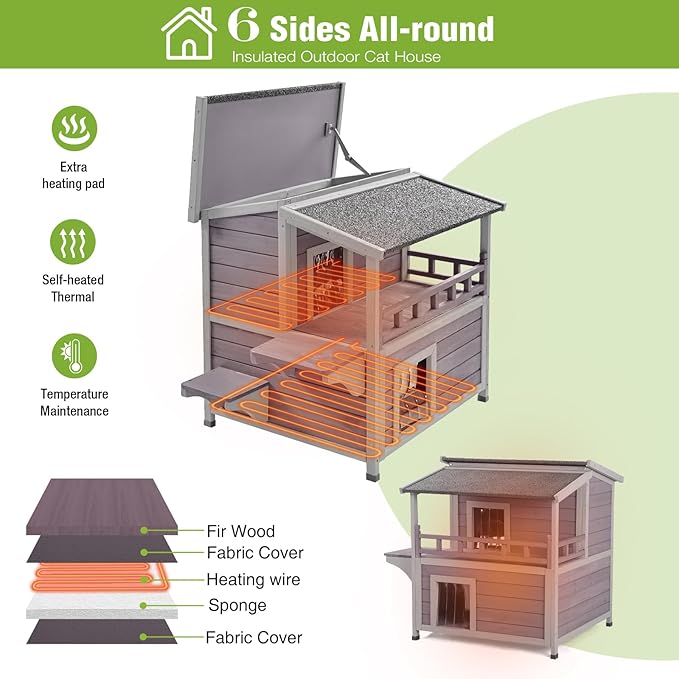 GUTINNEEN 2-Story Heated Cat House Outdoor Insulated Cat House Weatherproof Feral Cat Shelter with Safe Heating Pad, Insulated All-Round Thermal Liner for Feral Stray Barn Cats, 29"L x 27.6"D x33.5"H
