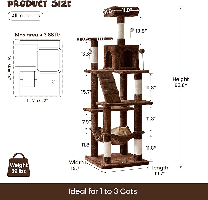 MWPO 63.8 inches Multi-Level Cat Tree for Large Cats with Sisal-Covered Scratching Posts, Padded Platform, Hammock and Condo,Stable Cat Tower Cat Condo Pet Play House (Brown)