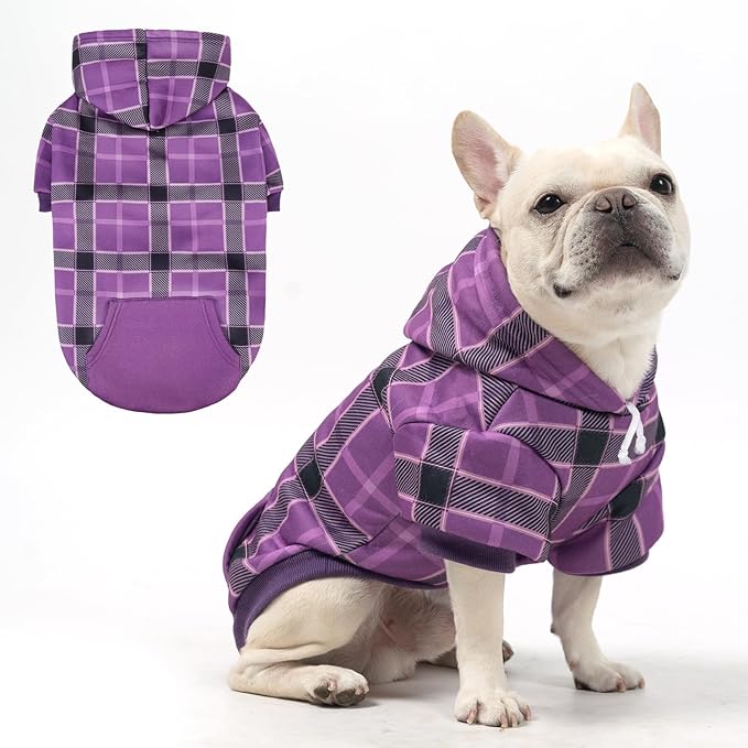 KOOLTAIL Plaid Dog Hoodie for Small Medium Large Dogs - Pet Clothes Sweater with Hat and Pocket for Cold Weather Winter, Warm Soft Dog Hooded Sweatshirt Coat Outfit for Puppy Cats Girls Boys Purple SM