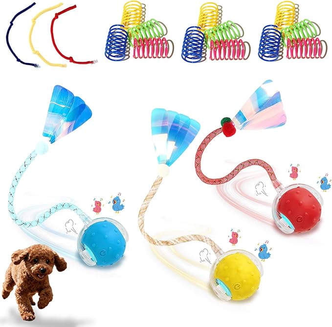 3-Pack Interactive Cat Toys Ball for Indoor Cats＆Dog,Automatic Cat Toy with Elastic Mesh Tail,Rechargeable Rolling Kitten Toy,Include 12 Cat Spiral Spring,Cat Enrichment Toys for Indoor Cats