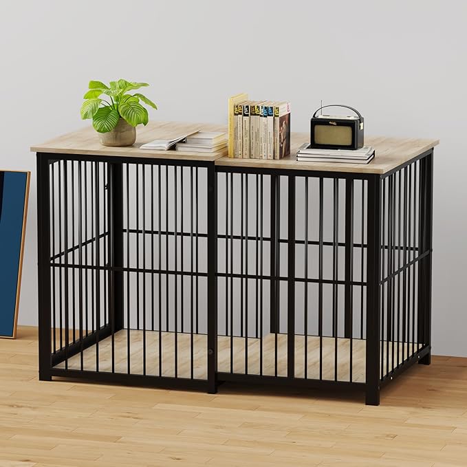 Large Dog Crate Furniture for Large Dogs, Retractable Dog Kennel Furniture, Wooden Dog Kennel Indoor, Heavy-Duty Dog Cage Furniture with 3 Levels of Adjustable Size,45.6" L, XL, Light Brown