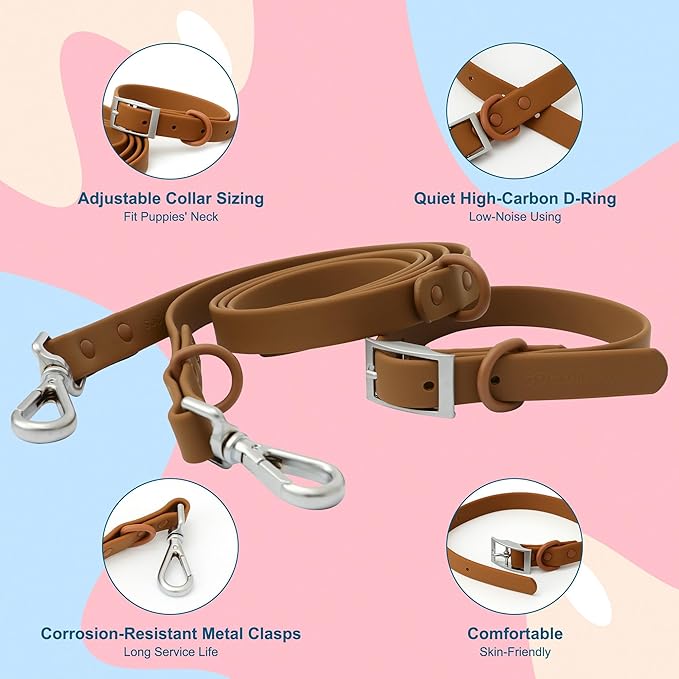 Dog Collar and Leash Set, Durable Waterproof Dog Leashes Collars, 5 Length Setting Adjustable Dog Collars for Large Medium Small Dogs (Sakura Pink, L)