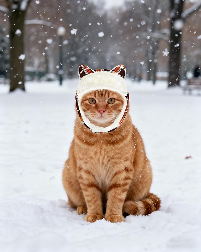 PET SHOW Dog Trapper Hat Winter Hat for Extra Small Dogs Cats Fall Warm Fleece Aviator Hats with Ear Flaps Adjustable Outdoor Boy Puppy Pet Pilot Costume Cap XS-Orange Plaid/Without Ear Holes