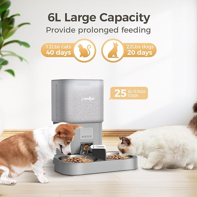 Automatic Cat Feeder, WiFi Dog Food Dispenser with APP Control for 2 Cats & Dogs, 6L Elevated Timed Dog Feeder Programmable 1-10 Meals,10s Meal Call,Dual Power Supply, 2 Stainless Bowls