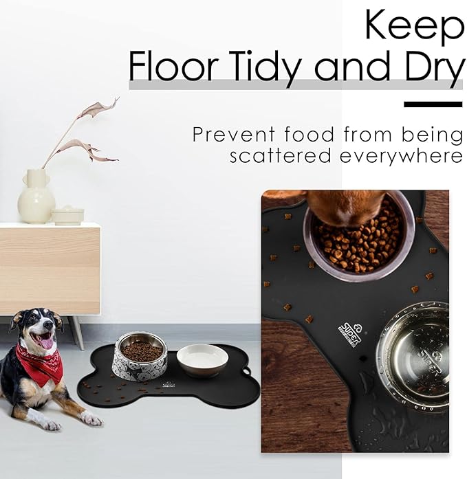 Super Design Dog Food Mat Dog Bowl Mat for Food and Water Silicone Non Spill Cat Feeding Mat Puppy Placemat Waterproof - 20.5" x 14.5", Black