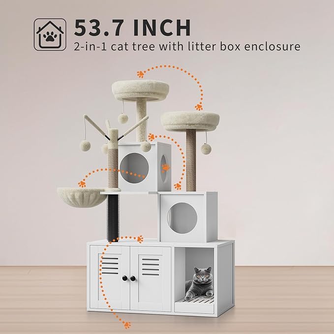 Litter Box Enclosure with Tree Tower, Condo, Cat Brush Post, and Passage, Hidden Washroom Furniture with Sisal Scratching Post & Soft Plush Perch, Wooden Multi-Platform Cat Furniture, White