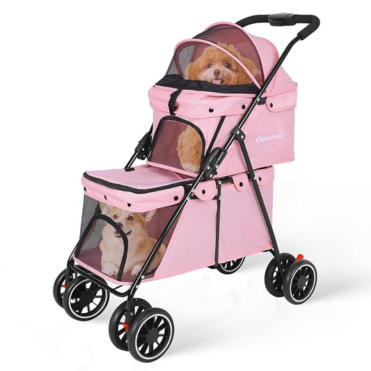 Double Pet Stroller for Dogs and Cats,Cat Strollers for 2 Cats,Double Dog Stroller for 2 Small Medium Dogs,4 Lockable Wheels/Lightweight/Folding,Pink