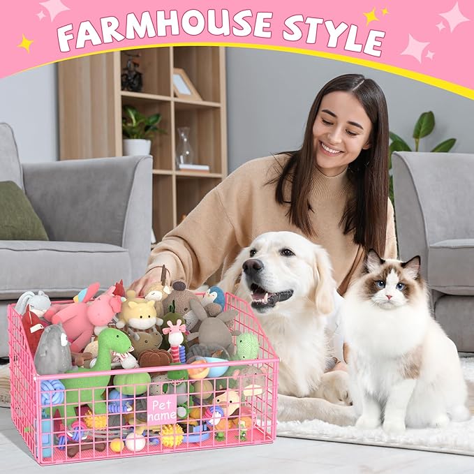 Indestructible Dog Toy basket, Large Toy Bin for Dogs,Pet Toy Bin Dog Metal Basket Organizer Storage for Toys Food Storage (Pink)