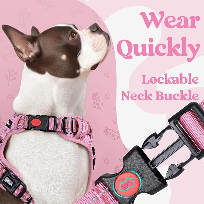 rabbitgoo Dog Harness for Large, No Pull Pet Harness with 3 Buckles, Adjustable Soft Padded Vest with Control Handle, Walking Reflective Pet Vest for Large Dogs, Floral Pink, L