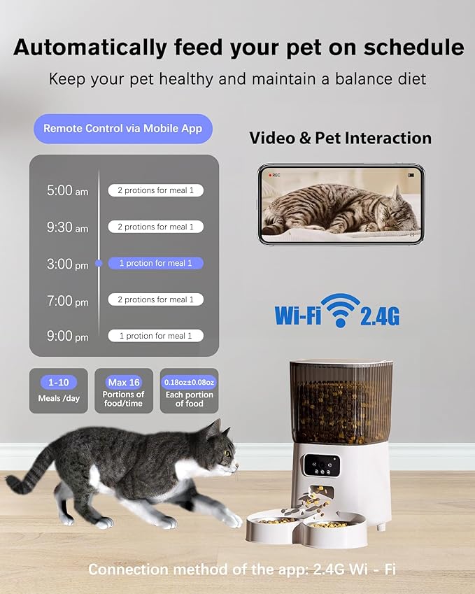 Automatic Cat Feeder, Camera Auto 2 Cats Dispenser 5L Microchip WiFi 2.4G&5G Timed Dual Pet Smart APP Dry Food Self Feeding Container Station (White)