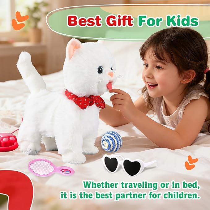White Leash Walking Cat Set Toy Interactive Talking Cat Singing Dancing Kitten Mimicking Repeat What You Say Kitty Touch and Voice Control Nodding Wagging Tail Plush Electric Robot for Kid Girl