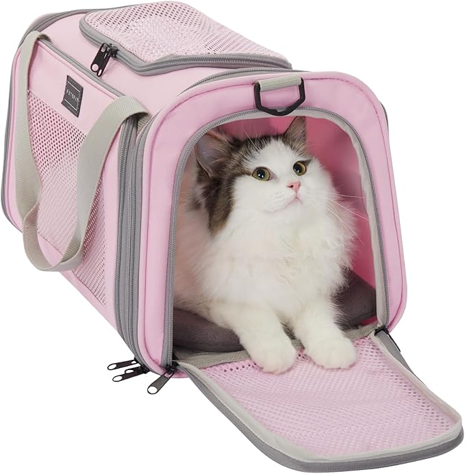 Airline-Approved Cat Carrier 17.5×10.5×10.5 in, Escape-Proof Design with Locking Zippers & Safety Leash, Easy-Access 3-Way Entry, Washable Mat, Gift-Ready Holiday Choice for Cats up to 12 lb
