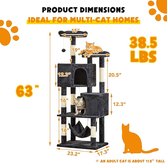 Cat Tree for Indoor Cats - 63in Multi-Level Large Cat Tower with 2 Big Cat Condos, 2 Padded Perches, Hammock, 6 Sisal-Covered Scratching Post and Toys for Kittens Pet Play House, Smoky Grey
