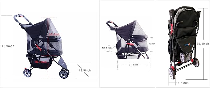 Full-Window pet Stroller 3 Wheels for Cats & Dogs, with Storage Basket,Cup Holder, Travel Puppy/Cats Stroller.