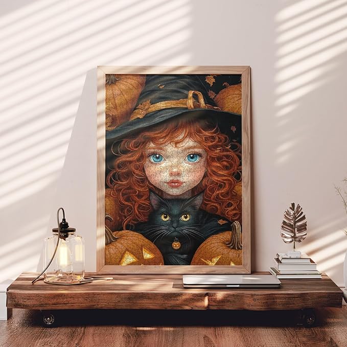 Brown Curly-Haired Doll Holding Black Cat Jigsaw Puzzle Halloween Pumpkin Girl Jigsaw Puzzles for Challenging Family Activity Games DIY Puzzle for Home Wall Decor Gifts 20 x 27 Inch