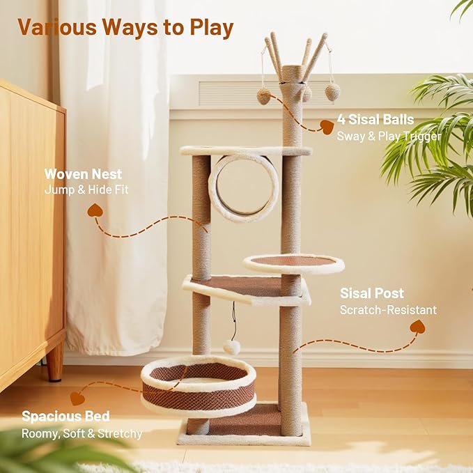 Modern Rattan Cat Tree House Condo Tall Heavy Duty Cat Climbing Tower with Scratching Post,Basket,Bed,and Stand for Indoor Large Adult Cat
