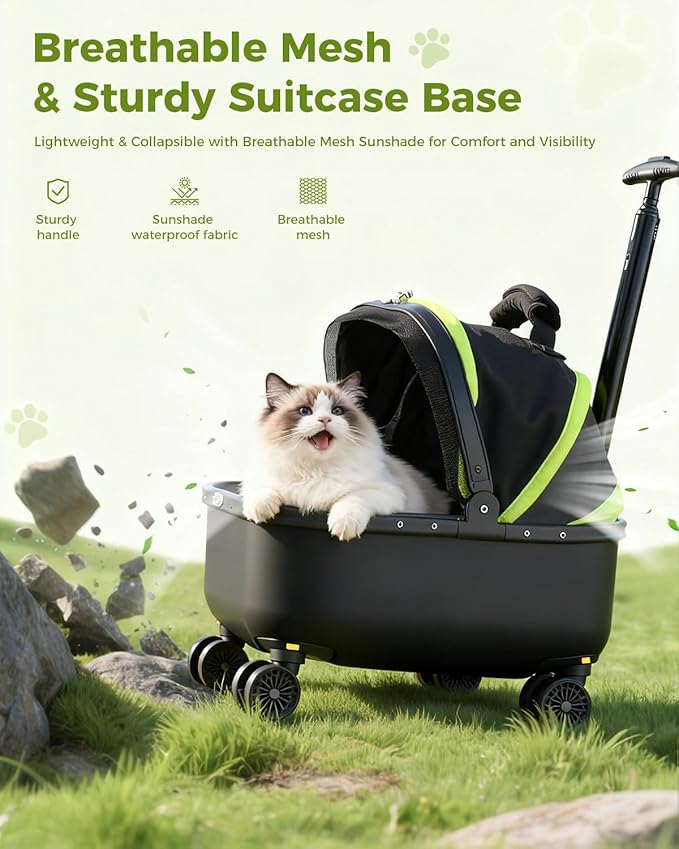 Lekereise Cat Carrier with Wheels (Black), 180° Wide Open Rolling Cat Carrier for Outdoor Adventures, Silent Wheels & Hard Bottom for Park/Camping, Portable Pet Travel Carrier for Cats Up to 15 lbs