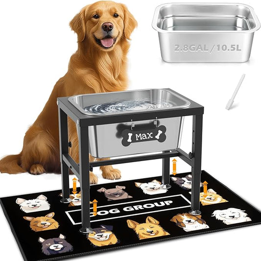 2.8 Gallon Elevated Large Dog Water Bowl, ADENGL 4-Height Adjustable (9.4–14.2'') Raised Stainless Steel Bowl, Dog Bowls Elevated with Spill-Proof Mat & Sturdy Metal Stand for Indoor/Outdoor Use