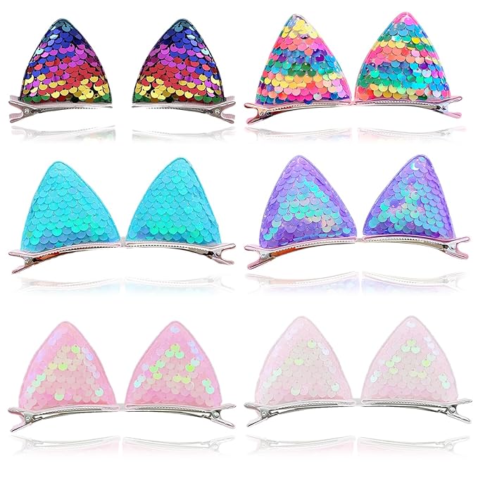 12 Glitter Sparkly Cat Ear Hair Clips and Barrettes for Girls, Toddlers, and Kids - Animal Hair Pins