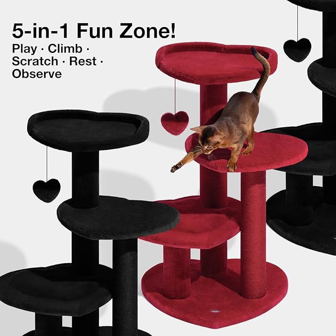 VETRESKA Cat Tree for Indoor Cats, Multi Level Cat Tower with Cat Scratching Post, Cute Cat Climbing Tree with Dangling Toy for Cats（Black）