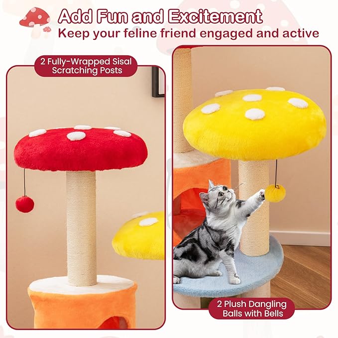 PETSITE Mushroom Cat Tree, Multi-Level Cute Cat Tree Tower with Sisal Scratching Posts, Cat Condo, Soft Plush Perches, and Dangling Toys for Indoor Cats (43 Inch)