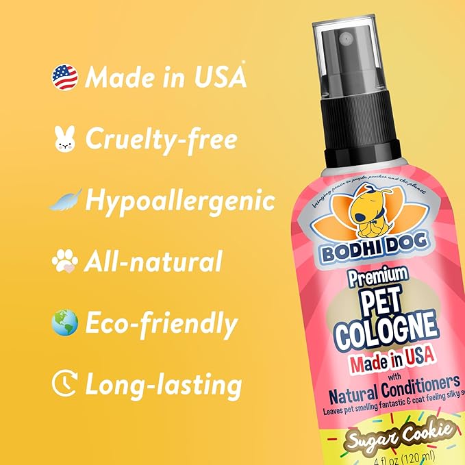 Bodhi Dog Premium Dog Cologne - Deodorizing Dog Perfume & Conditioner for Dogs & Cats - Natural Long Lasting Spray - Keeps Pets Fresh All Day - Gentle, Safe Formula, Made in USA (Sugar Cookie 4 Fl Oz)
