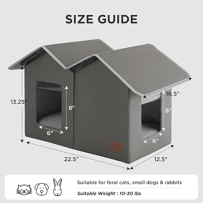 Bedsure Weatherproof Outdoor Cat House - Extra Wide Insulated Feral Cat Shelter with Raised Base in Winter, Waterproof Outside Pet Hideout for Stray Kitty, 22.5x12.5x13.25inches, Grey