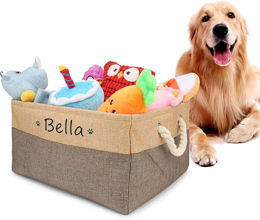Personalized Dog Toy Box, Dog Toy Basket Storage with Cotton Handle, Customized Name and Paw Heart Print Puppy Toy Bin for Organizing Food Clothes and Pets Accessories(Paw Coffee)
