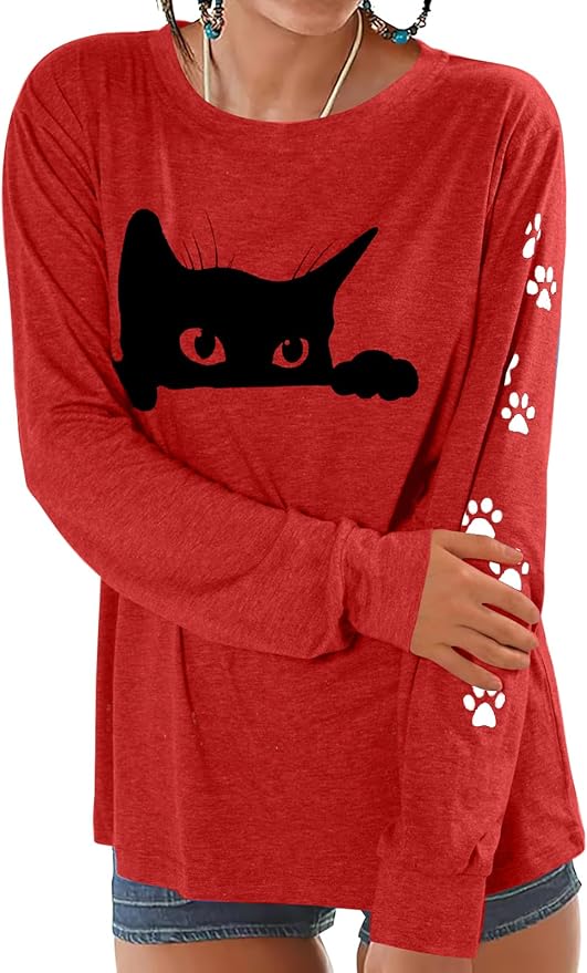 JINTING Cat Shirts for Women - Loose Fit Lightweight Long Sleeve Graphic Tee Fall Printed Crewneck Blouse Casual Tops
