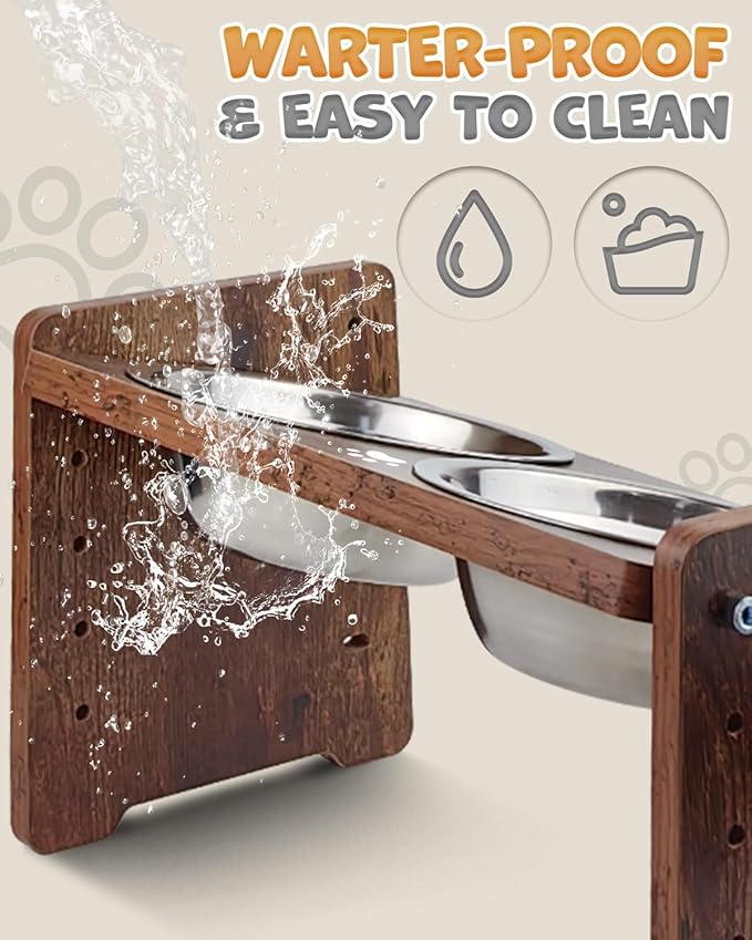 Elevated Dog Bowls, Adjustable Raised Dog Bowl Stand for Small Size Dogs and Cats, Durable Bamboo Dogs Feeder with 2 Stainless Steel Bowls and Non-Slip Feet, Pet Food Bowl for Small Sizes