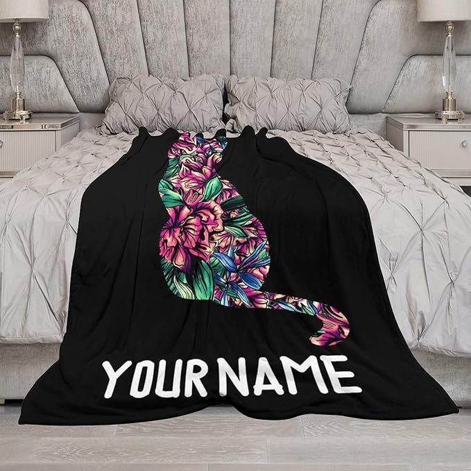 Personalized Cat Blanket Gifts with Name - 40"x50" Cute Throw Blanket for Adults Kids - Black Soft Plush Throws for Bed, Couch & Travel