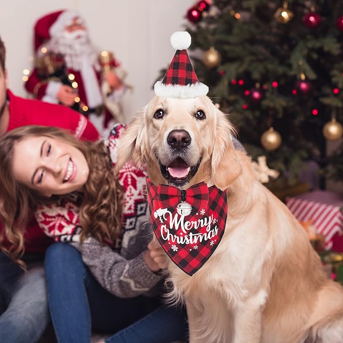 ADOGGYGO Christmas Dog Bandana Hat Bowtie, Red Plaid Pet Christma Hat Scarf Xmas Outfit Costume Accessories for Large X-Large Dogs (X-Large)