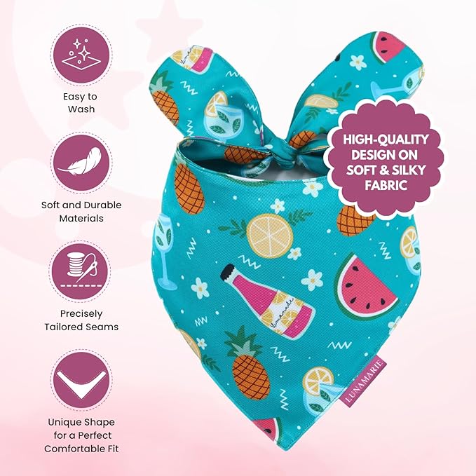 LunaMarie - Luxury Pet Birthday Bandanas -Premium & Silky Poly Fabric | 100% Handmade | Custom Shape Dual Layered (Sippin' Poolside, Medium)