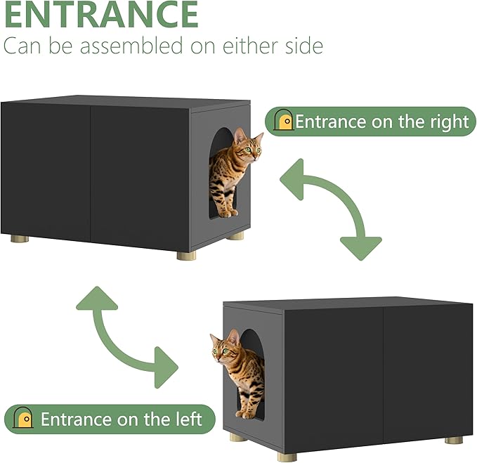 Small Litter Box Enclosure, Sleek Modern Cat Litter Box Cabinet Furniture, Wooden Cat House, End Table (Black)