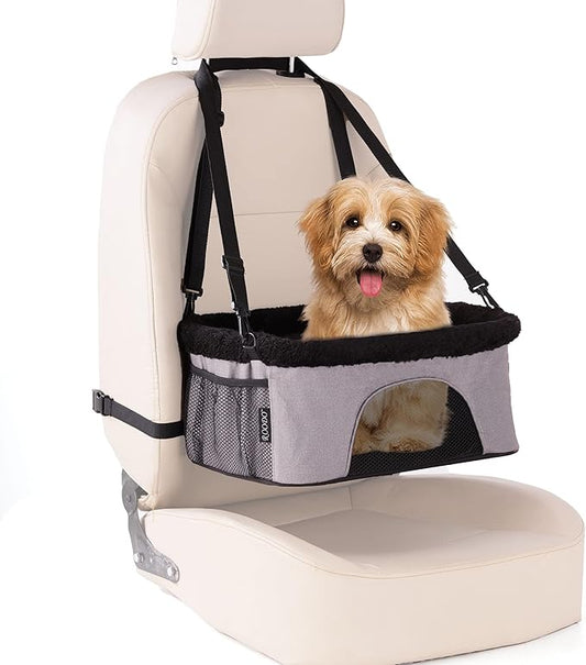 ROODO Deluxe Dog Booster Seat with Height-Adjustable Foldable Metal Frame and Safety Leash,Portable Pet Car Seat for Under 20lb Puppy Cats with Plush Thick Cushion Mesh Window Pockets(Gray)