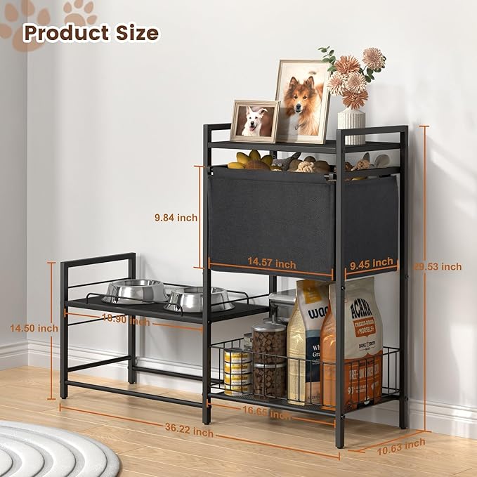 Elevated Dog Bowls, Raised Dog Bowl Stand with Dog Toy Bin Basket Dog Food and Water Bowl Feeding Station, Lifted Dog Bowl Holder Cabinet with Pet Storage Organizer for Large Medium Small Dogs