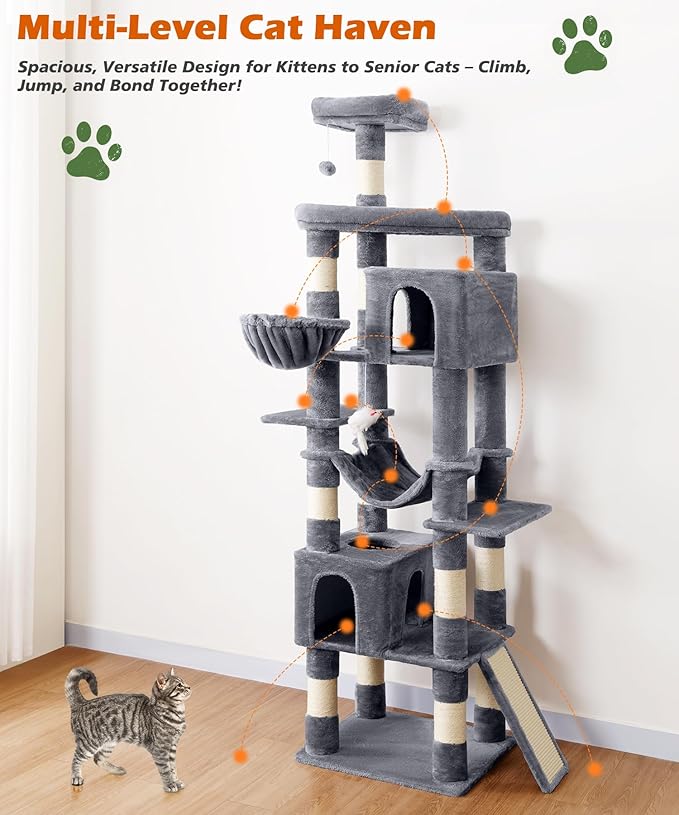 AMHANCIBLE Heavy Duty Cat Tree for Indoor Cats Large Adult 20 lbs+, 83 Inch Multi-Level Tall Cat Tower with Scratching Post and Board, Hammock, Condos, Hanging Basket, Grey, PT21GY