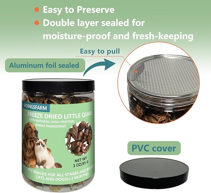 Freeze Dried Little Quail, 3 Oz Quail Dogs Cat Treats, Single Ingredient Freeze Dried Cat and Dog Treats Delicious Training Snacks, Natural Food Healthy Animal Protein Pet Food