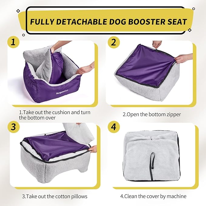 BurgeonNest Dog Car Seat for Small Dogs, Fully Detachable and Washable Cat Carseats Under 25 lbs, Soft Pet Booster Seats with Storage Pockets Clip-On Leash Portable Travel Carrier Bed, Purple
