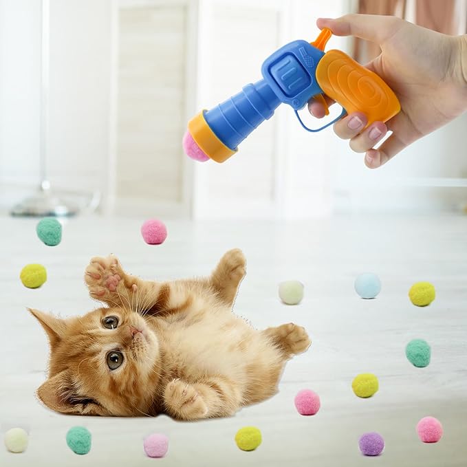 Andiker Cat Toy Ball Set, 30pcs Plush Cat Pom Pom Balls & 1 Plastic Cats Fetch Toy Launcher Set for Kitten Catch Fetch Interactive Cat Toy with Colorful Cat Ball for Indoor Cats (30 Balls+1 Launcher)