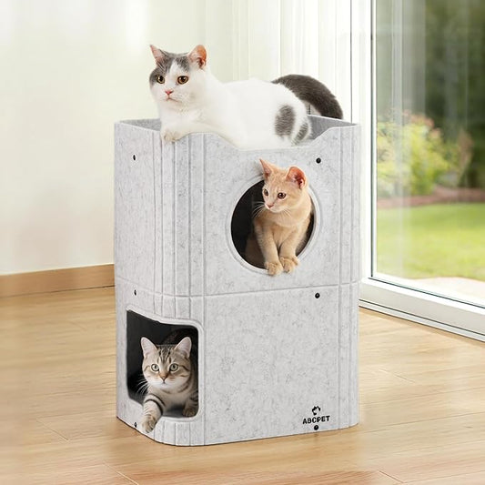 Cat House for Indoor Cats Cat Bed Cave 2-Storey Cats Condo with Cozy Felt Covered Hideaway for Multiple Pets Light Gray
