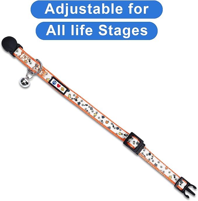 Pawtitas Glow in The Dark Cat Collar with Breakaway Safety Buckle & Bell Adjustable Kitten Collar, Orange