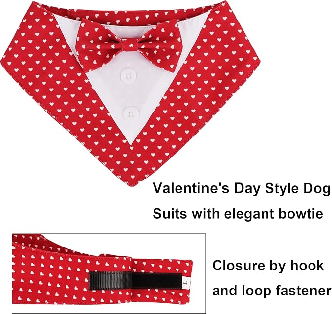 ADOGGYGO Valentine Dog Tuxedo Bandana, Red Heart Pet Tux with Bowtie Adjustable Valentine Costume for Medium Large Dogs Pets (L)