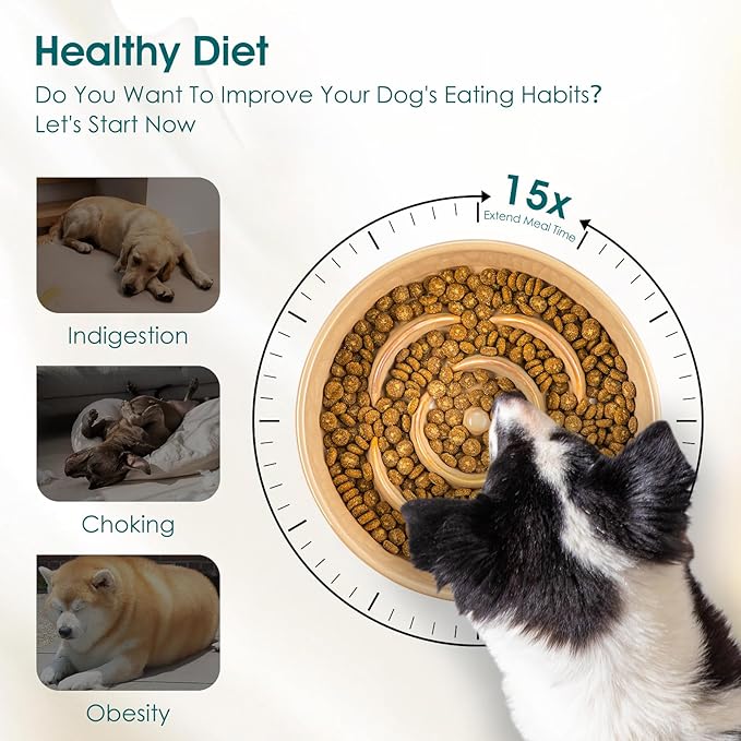 vancasso Slow Feeder Dog Bowl, 3 Cups Ceramic Slow Feeder for Large Breed, Puzzle Maze Dog Food Bowl for Fast Eater, Khaki