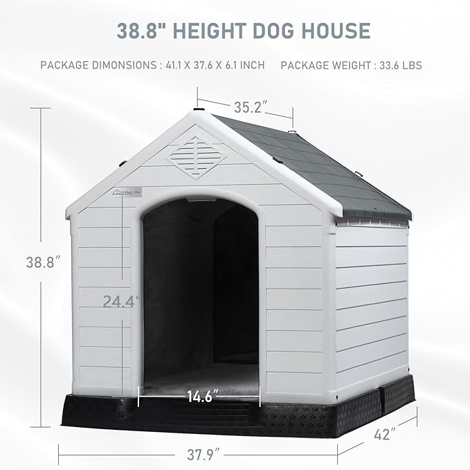 LEMBERI Durable Waterproof Plastic Dog House for Small to Large Sized Dogs, Indoor Outdoor Doghouse Insulated Puppy Shelter with Elevated Floor, Easy to Assemble (Gray with Liner, 42''L*38''W*39''H)