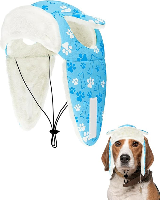 PET SHOW Dog Trapper Hat Winter Hat for Small Medium Dogs Warm Fleece Aviator Hats with Ear Flaps Adjustable Outdoor Boy Pet Pilot Costume Cap M-Blue Paw/with Ear Holes