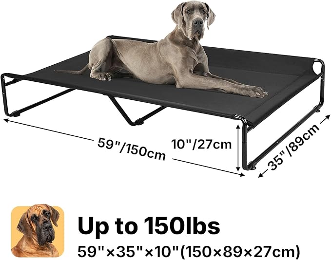 Veehoo Original Outdoor Elevated Dog Bed, Cooling Raised Dog Cot for Large Dogs, Portable Standing Pet Hammock Platform with Washable Breathable Mesh, No-Slip Feet, XX-Large, Black, CWC2201