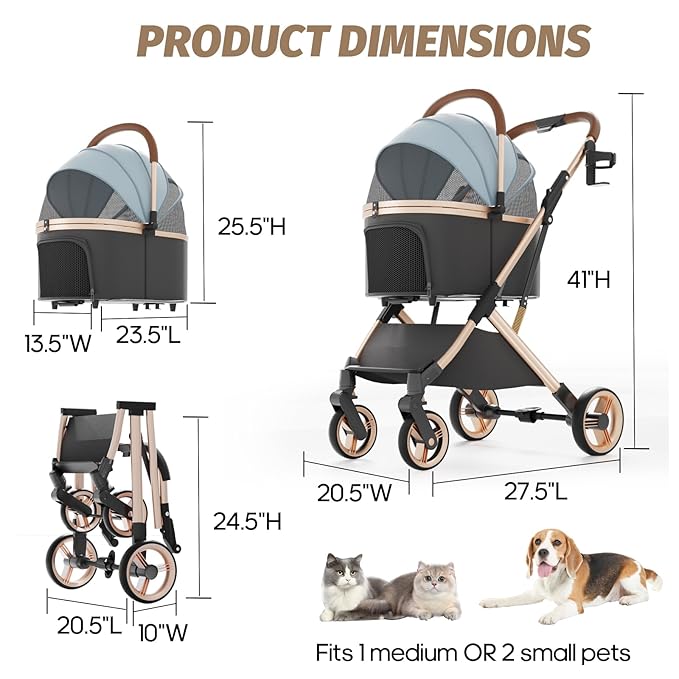 Pet Stroller with 4 Wheels, Dog Stroller with Detachable Carrier, One-Click Folding Pet Travel Carrier for Small, Medium Dogs Cats up to 50lbs, 3 in 1 Multifunctional (Cerulean)