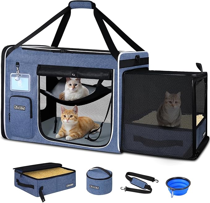 Petskd Side Expandable Extra Large Cat Carrier with Litter Box Area for Long Distance Car Travel,24"x17"x17" Collapsible Soft-Sided Large Pet Carrier with Zipper Locks for 2 Cats Under 55LBS(Blue)