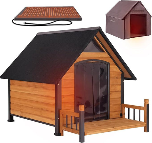 GUTINNEEN Heated Dog House for Outside Insulated Large Dog House Outdoor with Safe Heated Pad, Chew-Proof Metal Frame and Insulated Liner for Medium to Large Dogs, 37.4" L x 50.9" W x 37.2" H